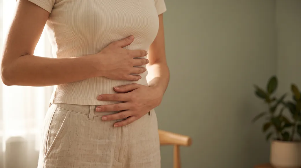 Mulher com as mãos sobre a barriga, expressão de desconforto, em ambiente claro
