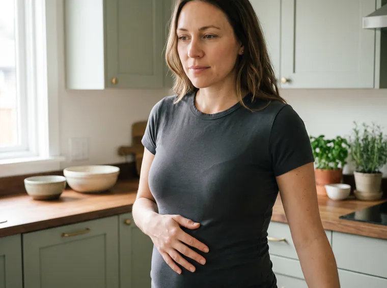 Mulher com as mãos sobre a barriga inchada, sentada em ambiente claro
