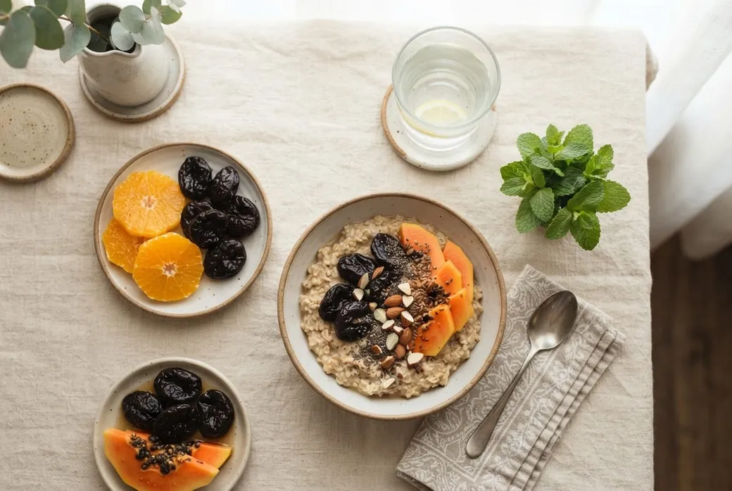 Ameixas, mamão, laranja e aveia — alimentos que ajudam o intestino