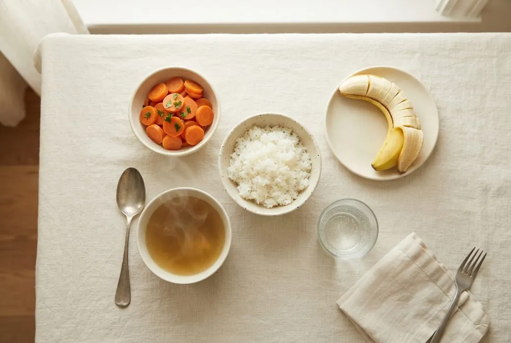 Refeição leve: arroz branco, banana, cenoura cozida e caldo