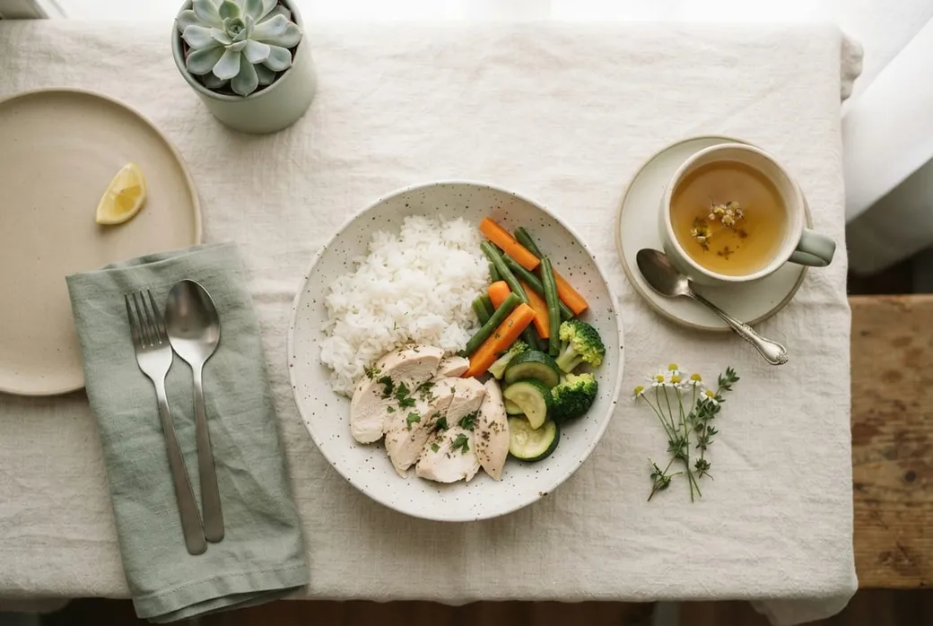 Prato leve com vegetais cozidos, arroz e chá de camomila