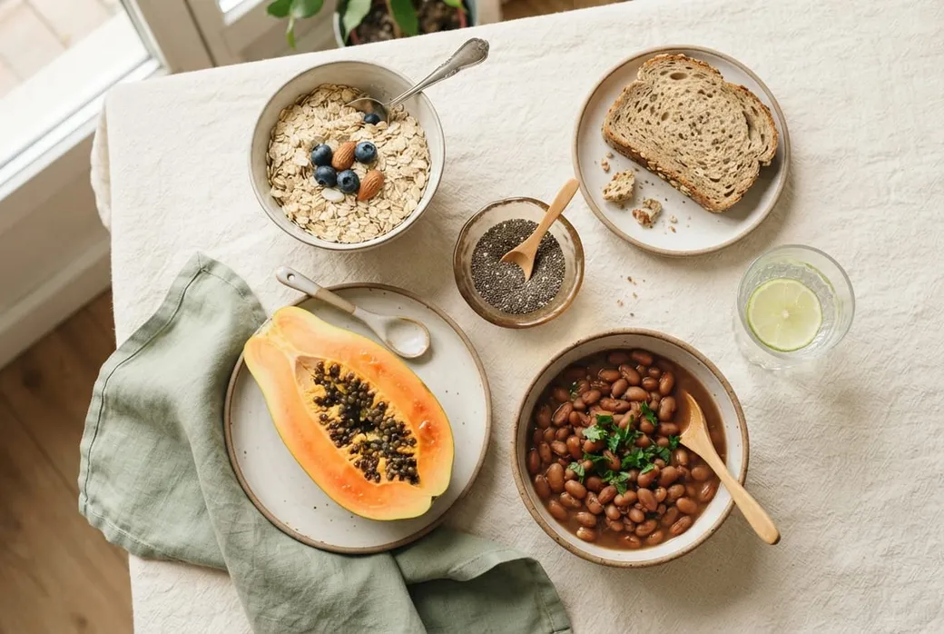 Alimentos ricos em fibra: mamão, aveia, chia, feijão e água