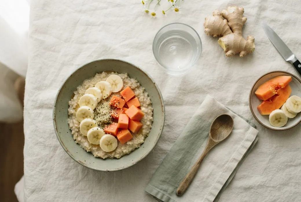 Tigela de aveia com banana e mamão, gengibre e um copo de água