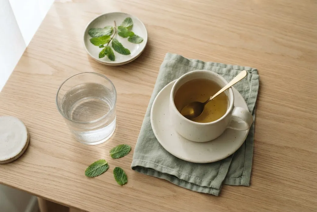Copo de água e chá de camomila sobre a mesa, ambiente calmo