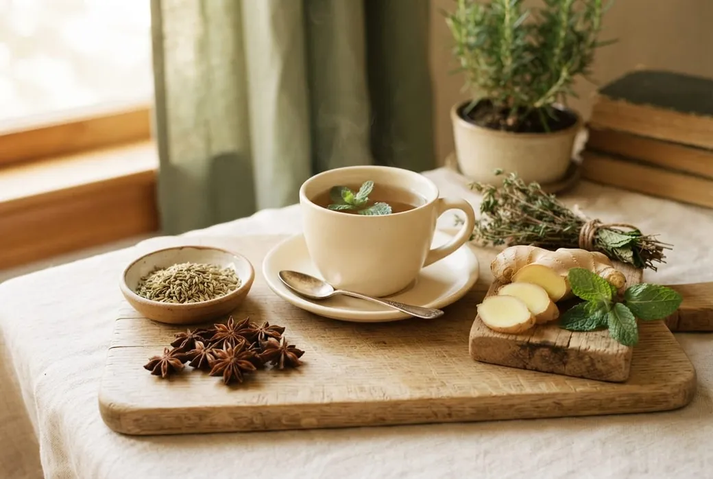 Chá de hortelã, sementes de erva-doce e gengibre sobre a mesa